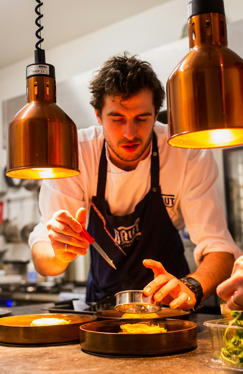 Chef plating food in a restaurant kitchen